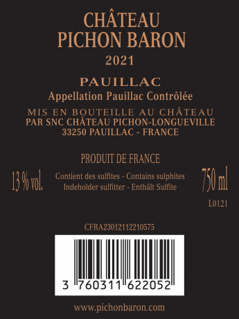 Chateau Pichon Longueville Baron 2021 Pauillac Rueckseite