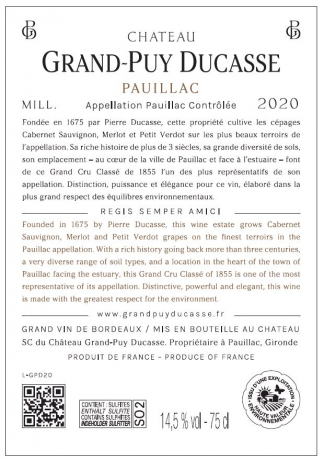Rückenetikett des hateau Grand Puy Ducasse 2020 Pauillac