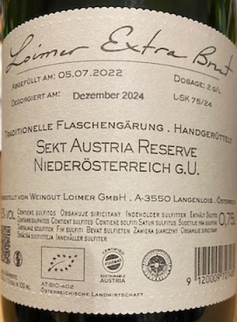 Weingut Loimer Extra Brut Reserve Flaschenetikett Rückseite