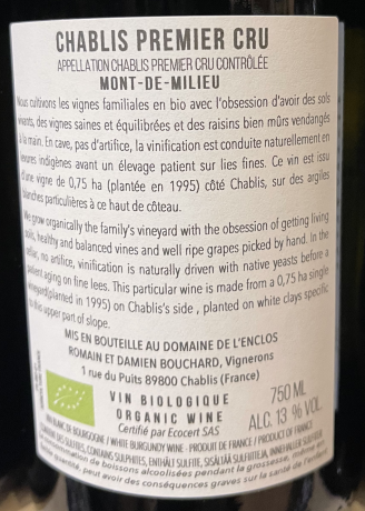 Backlabel Domaine l’enclos 2022 Chablis 1er Cru Mont de Milieu AOC