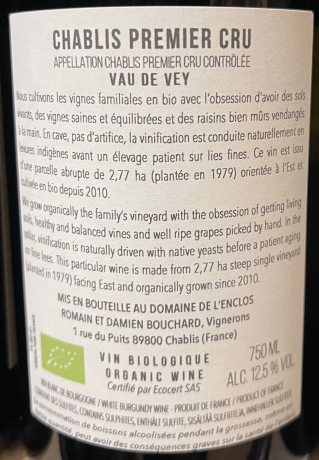 Backlabel Domaine l’enclos 2022 Chablis 1er Cru Vau de Vey AOC