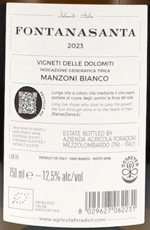 Foradori 2023 Fontanasanta Manzoni Bianco Vigneti delle Dolomiti IGT Etikett Rückseite