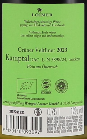 Weingut Loimer 2023 Grüner Veltliner DAC Kamptal Flaschenetikett Rückseite